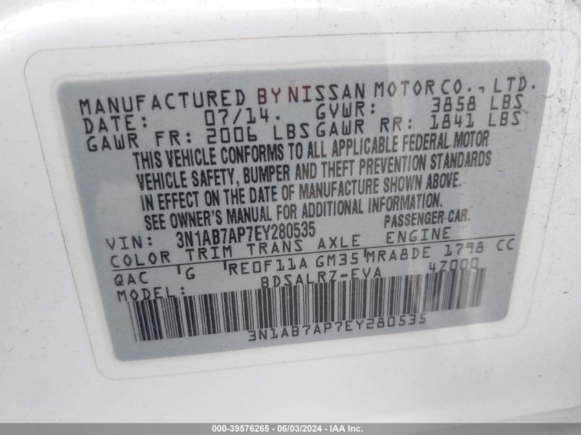 2014 NISSAN SENTRA SR - 3N1AB7AP7EY280535