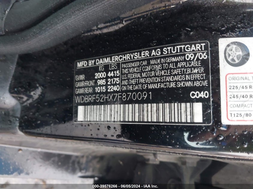 2007 Mercedes-Benz C 230 Sport VIN: WDBRF52HX7F870091 Lot: 39576266