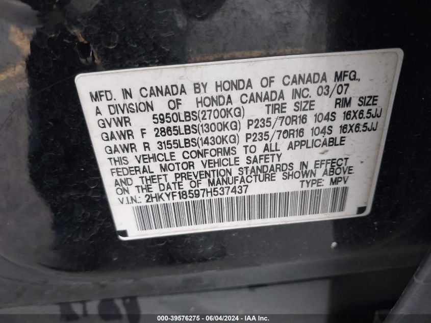 2007 Honda Pilot Ex-L VIN: 2HKYF18597H537437 Lot: 39576275