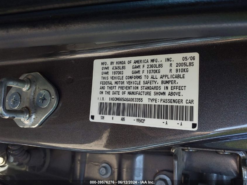 2006 Honda Accord 3.0 Ex VIN: 1HGCM66546A063355 Lot: 39576276