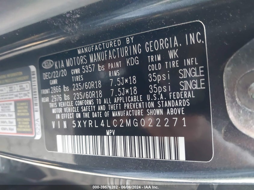 2021 Kia Sorento S VIN: 5XYRL4LC2MG022271 Lot: 39576282