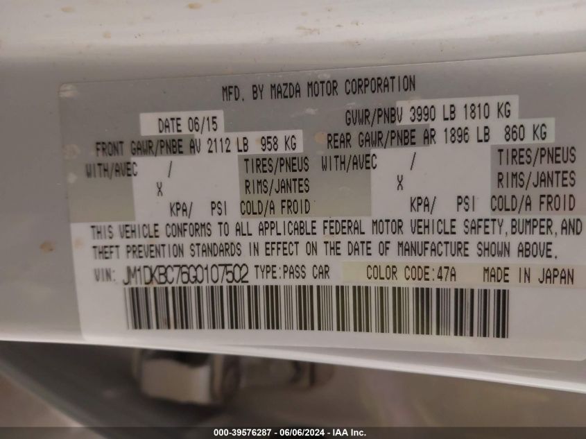 2016 Mazda Cx-3 Touring VIN: JM1DKBC76G0107502 Lot: 39576287