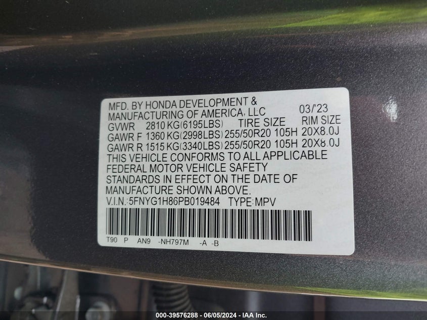 2023 Honda Pilot Awd Elite VIN: 5FNYG1H86PB019484 Lot: 39576288
