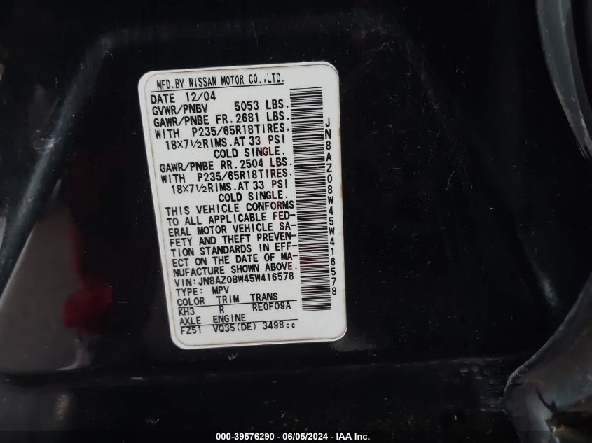 2005 Nissan Murano Sl VIN: JN8AZ08W45W416578 Lot: 39576290