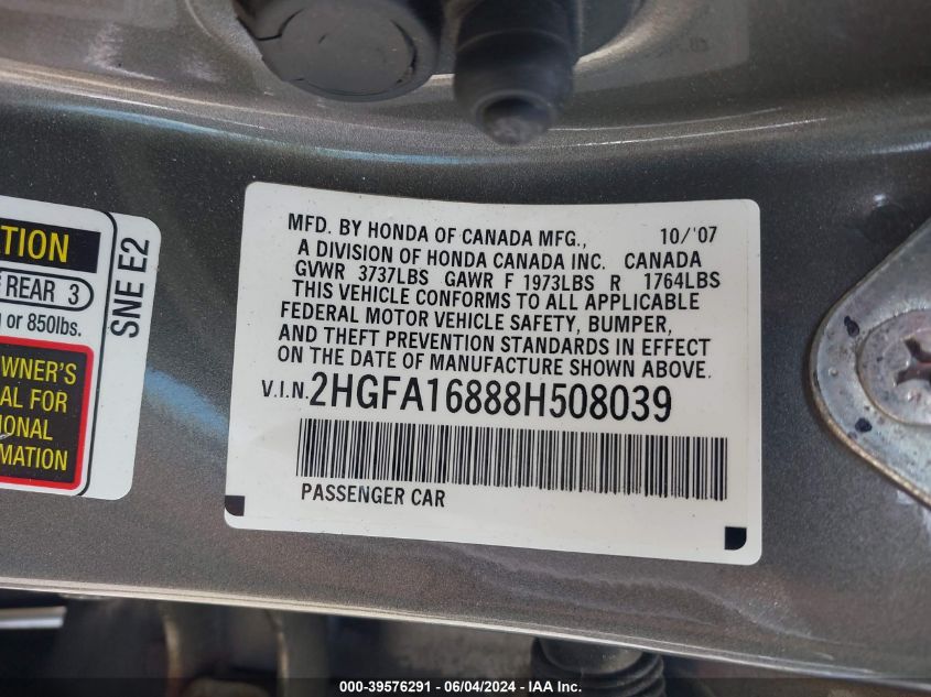 2008 Honda Civic Ex VIN: 2HGFA16888H508039 Lot: 39576291