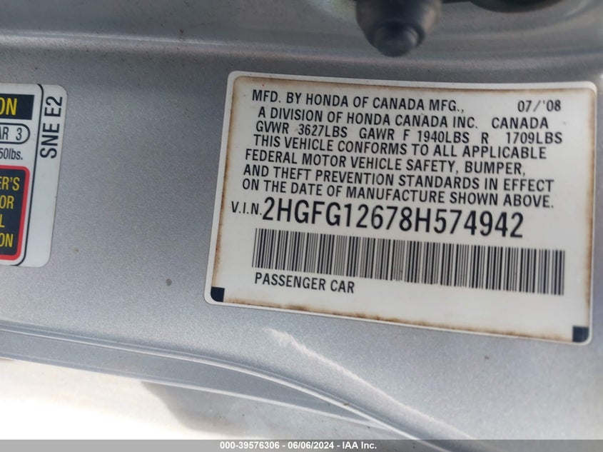 2008 Honda Civic Lx VIN: 2HGFG12678H574942 Lot: 39576306