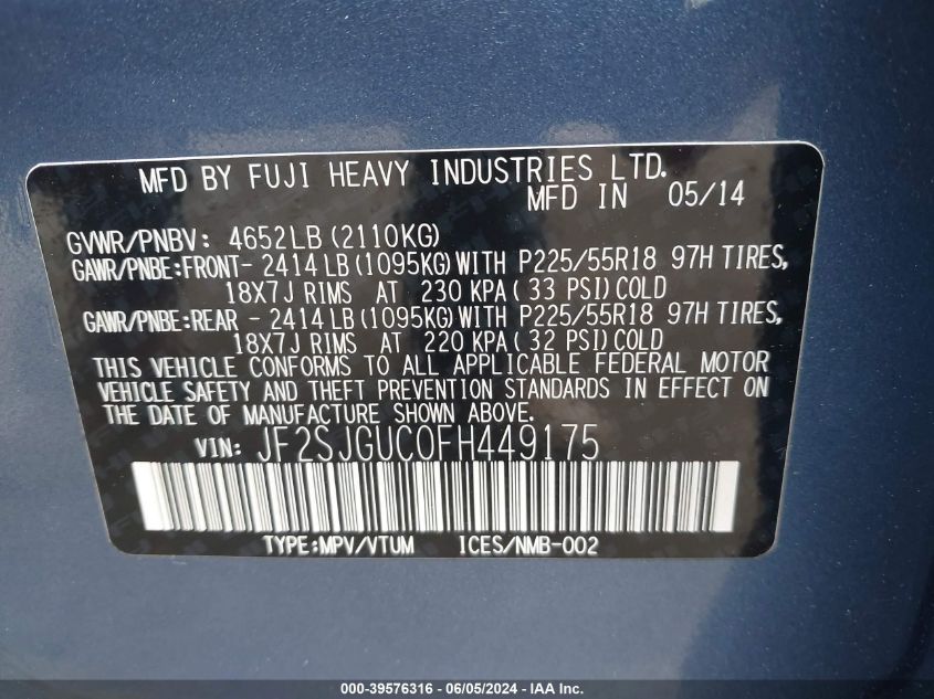 2015 Subaru Forester 2.0Xt Touring VIN: JF2SJGUC0FH449175 Lot: 39576316