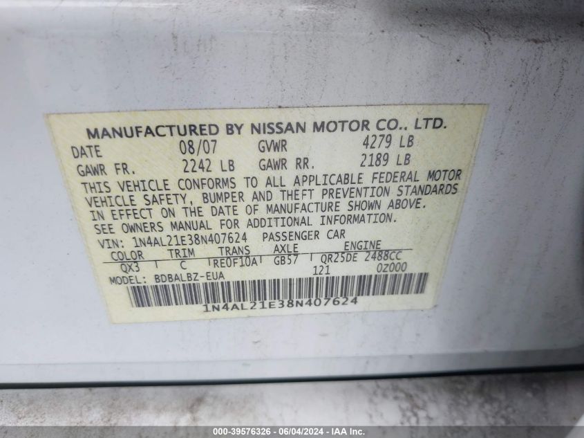 2008 Nissan Altima 2.5 S VIN: 1N4AL21E38N407624 Lot: 39576326
