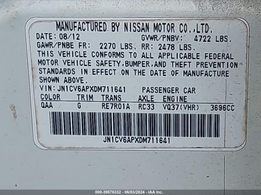 2013 Infiniti G37 Journey VIN: JN1CV6APXDM711641 Lot: 39576332