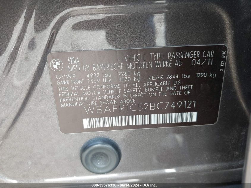 2011 BMW 528I VIN: WBAFR1C52BC749121 Lot: 39576336