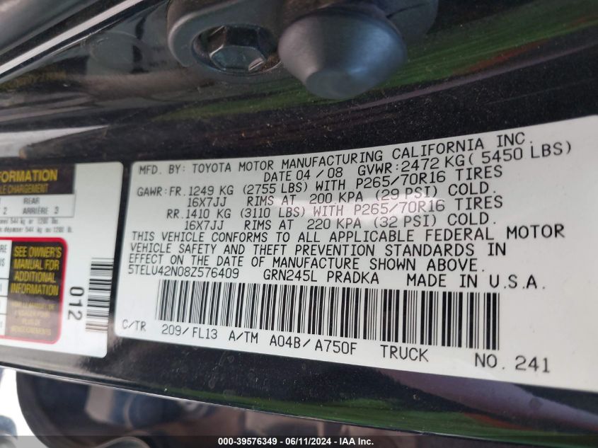 2008 Toyota Tacoma Base V6 VIN: 5TELU42N08C576409 Lot: 39576349