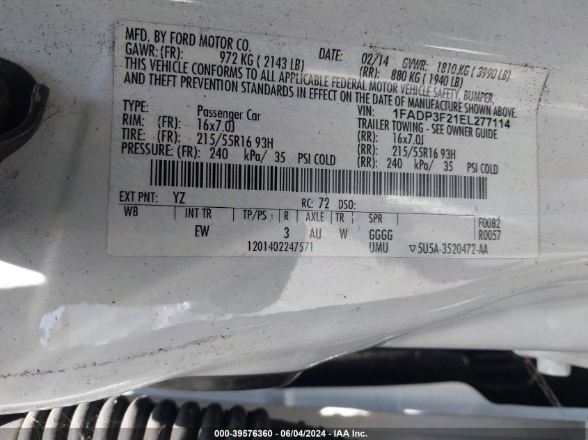 2014 Ford Focus Se VIN: 1FADP3F21EL277114 Lot: 39576360