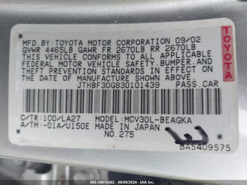 2003 Lexus Es 300 VIN: JTHBF30G830101439 Lot: 39576362