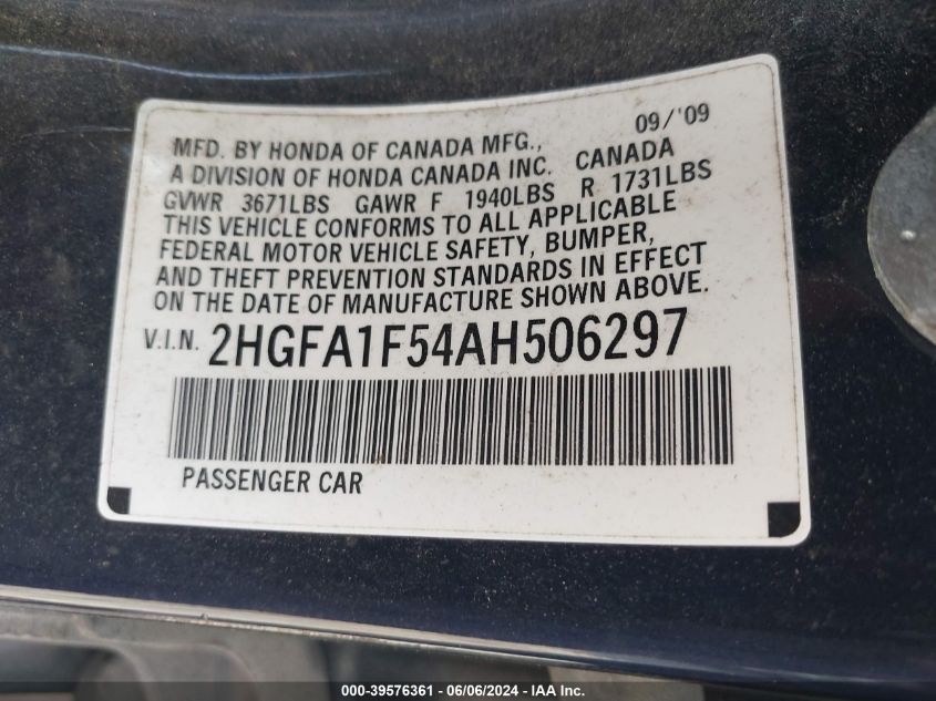 2010 Honda Civic Lx VIN: 2HGFA1F54AH506297 Lot: 39576361