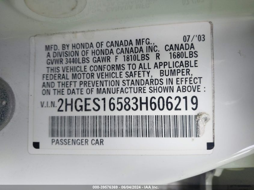 2003 Honda Civic Lx VIN: 2HGES16583H606219 Lot: 39576369