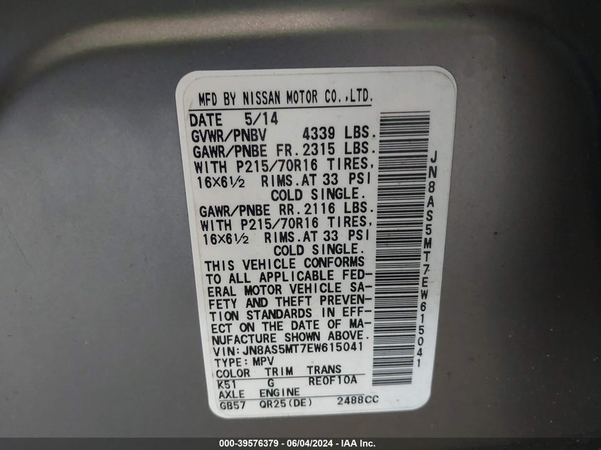 2014 Nissan Rogue Select S VIN: JN8AS5MT7EW615041 Lot: 39576379