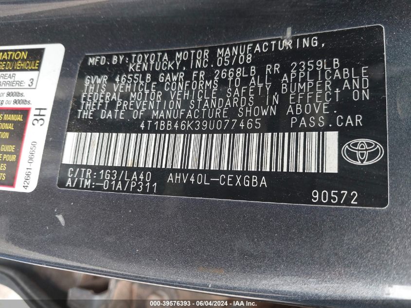 2009 Toyota Camry Hybrid VIN: 4T1BB46K39U077465 Lot: 39576393