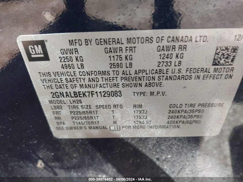 2015 Chevrolet Equinox 1Lt VIN: 2GNALBEK7F1129083 Lot: 39576402