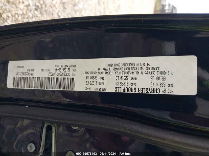 2012 Dodge Charger Se VIN: 2C3CDXBG9CH180622 Lot: 39576403