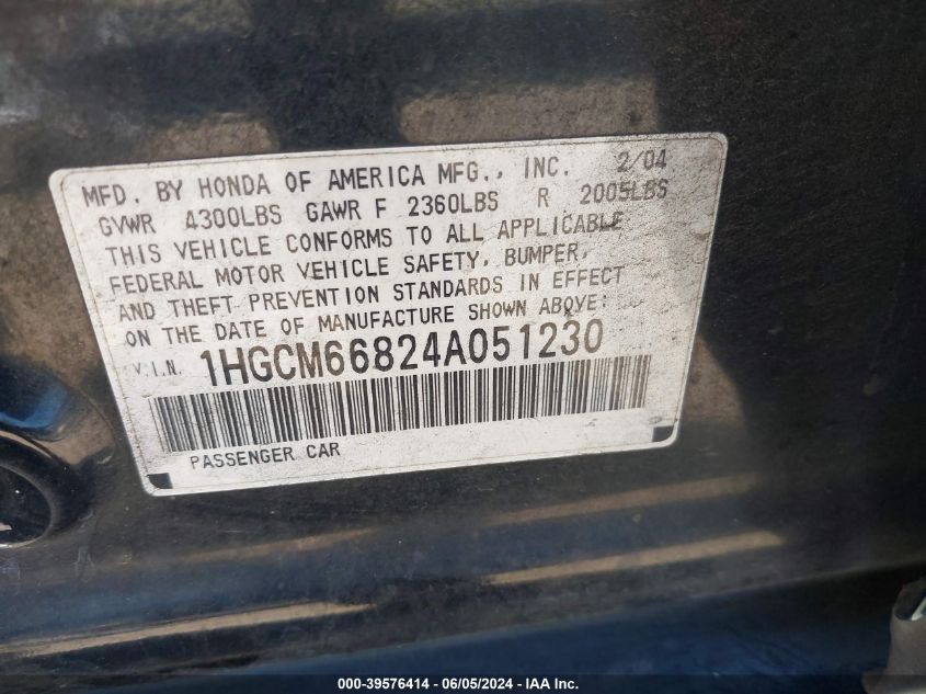 2004 Honda Accord 3.0 Ex VIN: 1HGCM66824A051230 Lot: 39576414