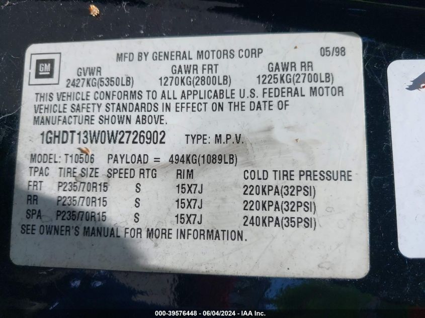 1GHDT13W0W2726902 1998 Oldsmobile Bravada