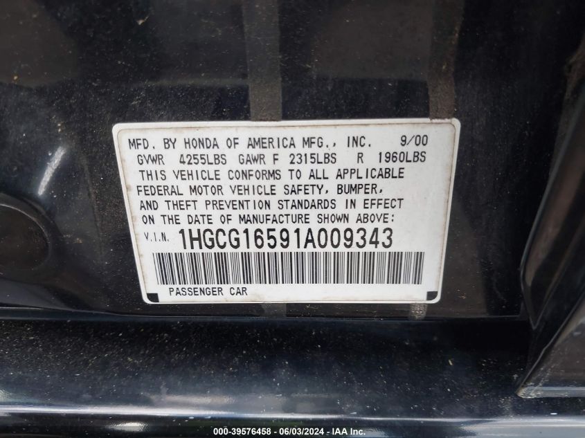 2001 Honda Accord 3.0 Ex VIN: 1HGCG16591A009343 Lot: 39576458