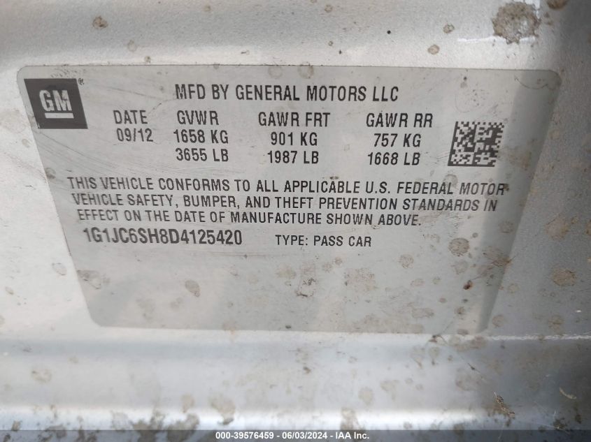 2013 Chevrolet Sonic Lt Auto VIN: 1G1JC6SH8D4125420 Lot: 39576459