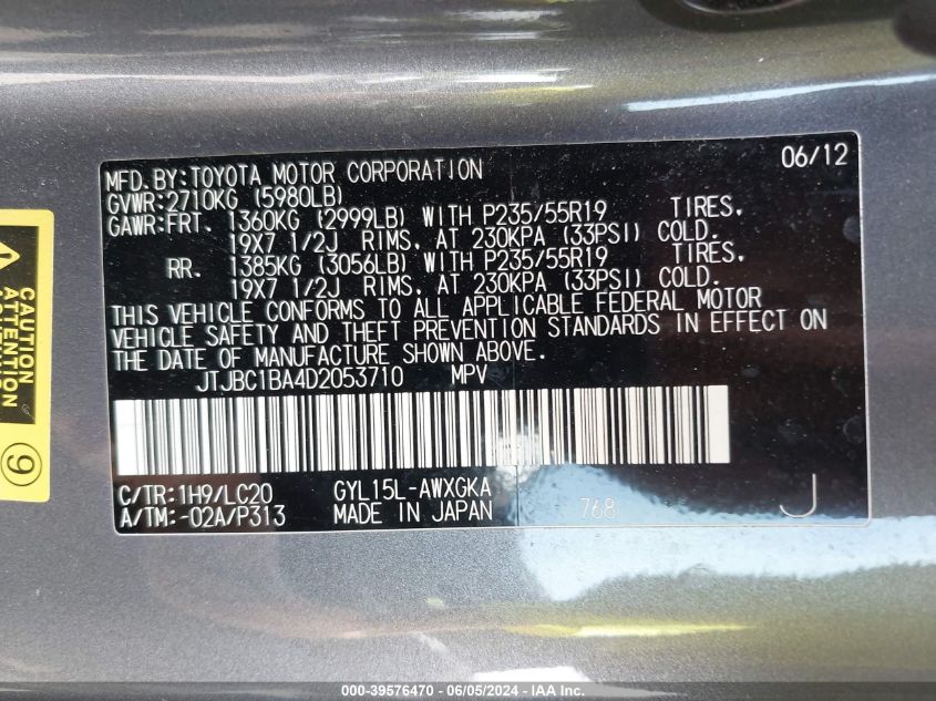 2013 Lexus Rx 450H VIN: JTJBC1BA4D2053710 Lot: 39576470