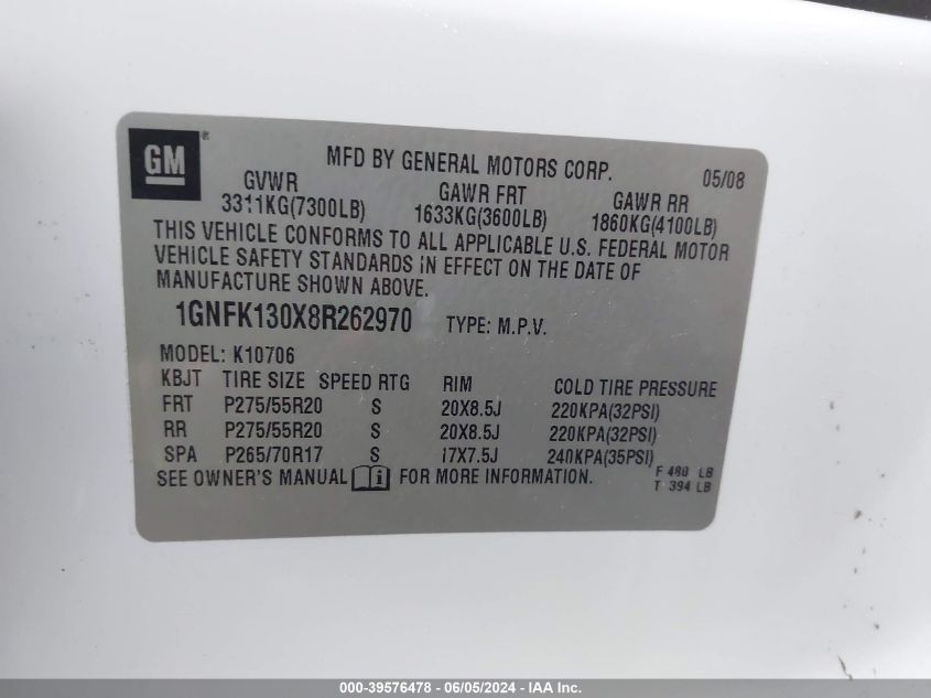 2008 Chevrolet Tahoe Ltz VIN: 1GNFK130X8R262970 Lot: 39576478