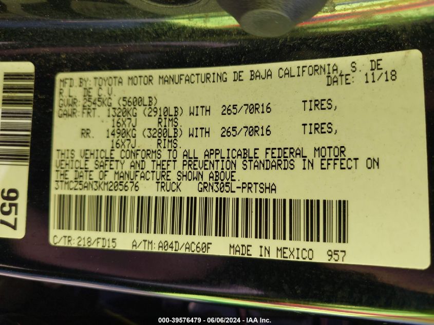 2019 Toyota Tacoma Trd Off Road VIN: 3TMCZ5AN3KM205676 Lot: 39576479