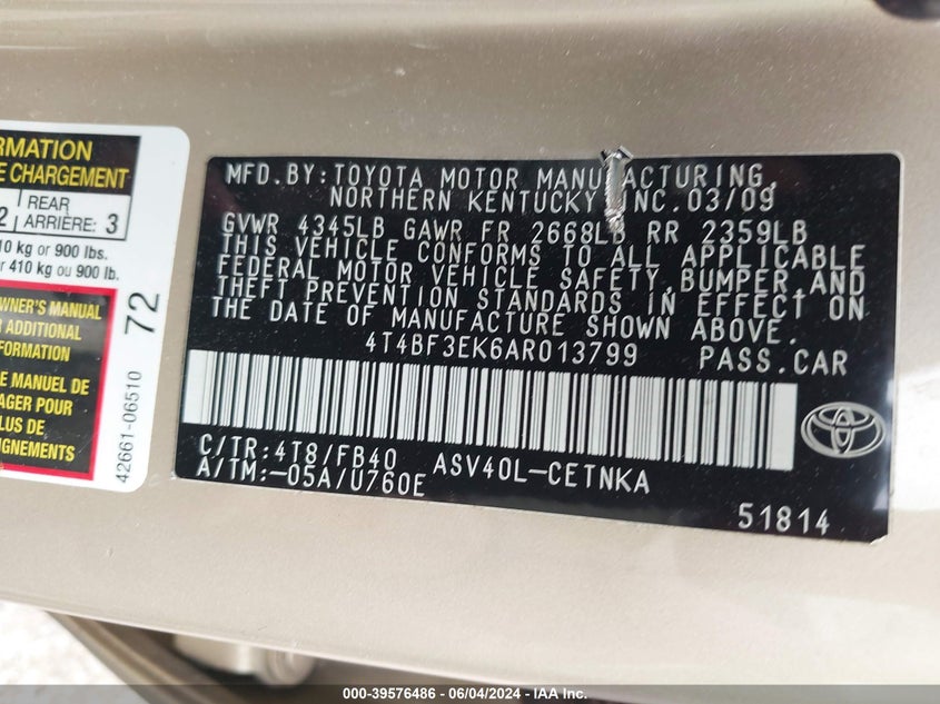 2010 Toyota Camry Le VIN: 4T4BF3EK6AR013799 Lot: 39576486