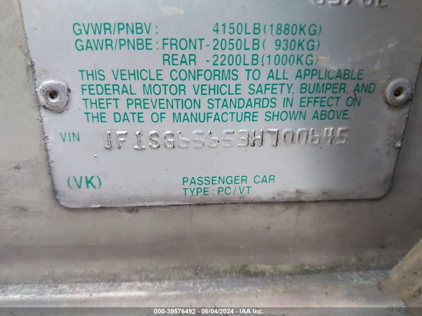 2003 Subaru Forester Xs VIN: JF1SG65653H700645 Lot: 39576492