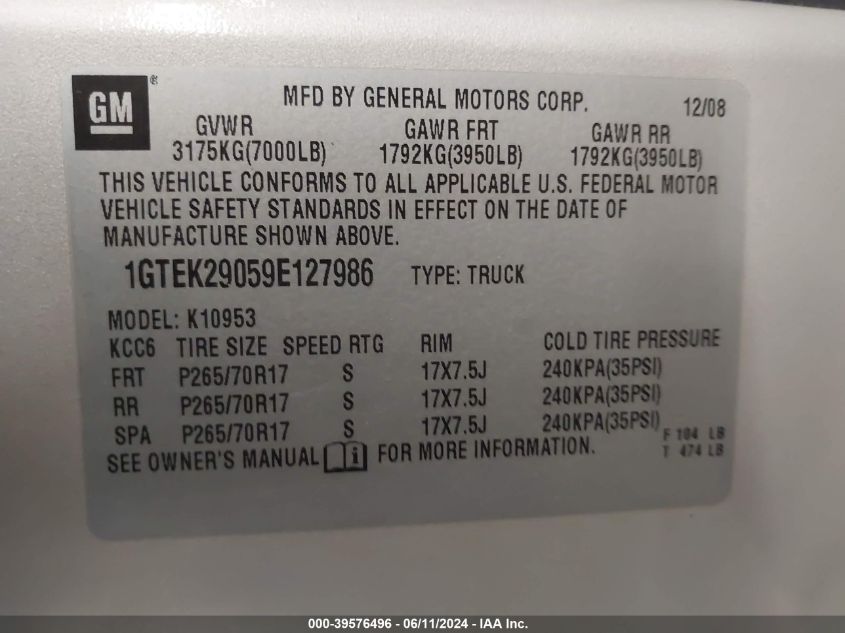 2009 GMC Sierra 1500 Sle VIN: 1GTEK29059E127986 Lot: 39576496
