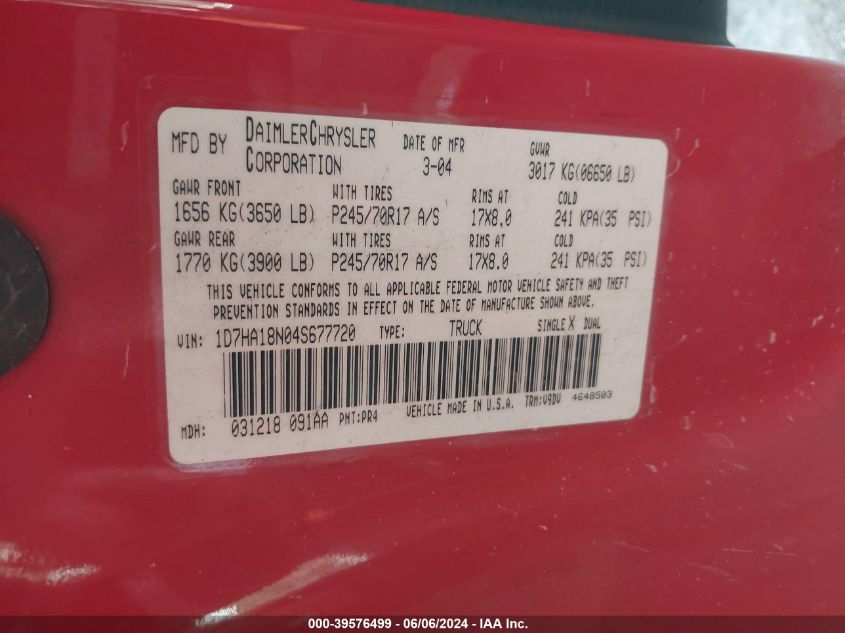 2004 Dodge Ram 1500 Slt/Laramie VIN: 1D7HA18N04S677720 Lot: 39576499
