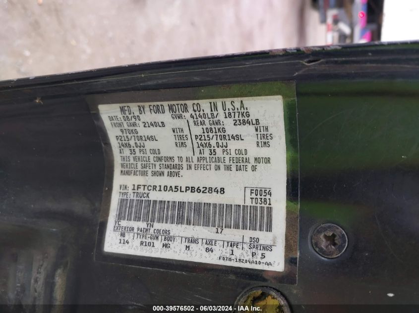 1990 Ford Ranger VIN: 1FTCR11A5LPP62846 Lot: 39576502