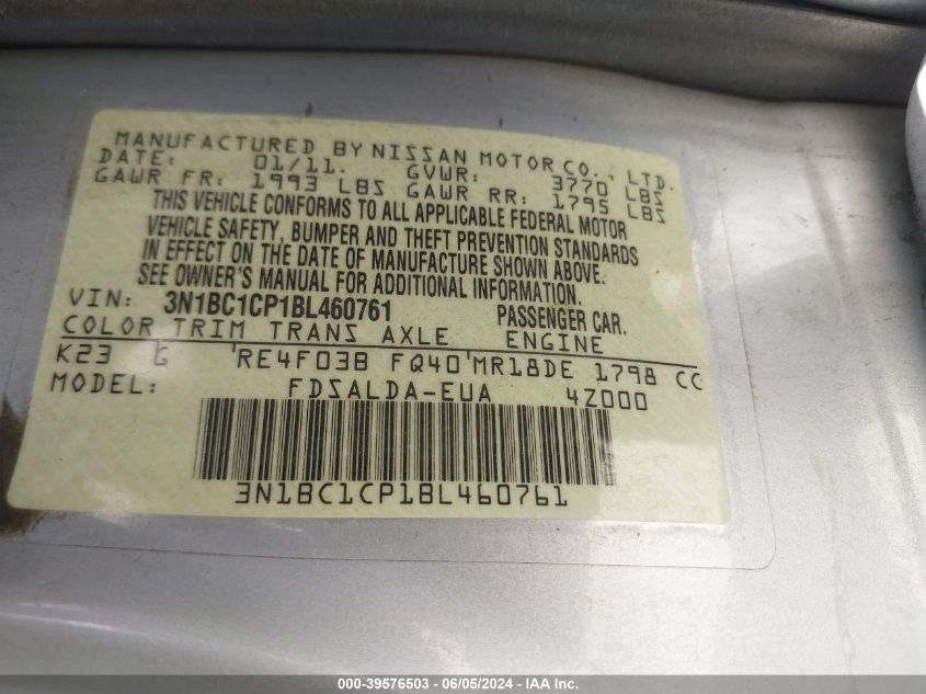 2011 Nissan Versa 1.8S VIN: 3N1BC1CP1BL460761 Lot: 39576503