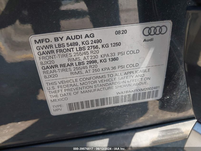 2021 Audi Q5 Premium Plus 45 Tfsi Quattro S Tronic VIN: WA1BAAFYXM2002481 Lot: 39576517