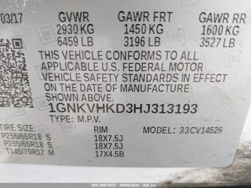 2017 Chevrolet Traverse 2Lt VIN: 1GNKVHKD3HJ313193 Lot: 39576527