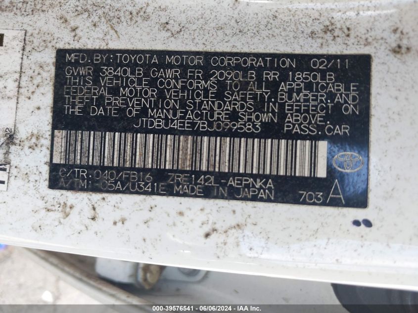 2011 Toyota Corolla Le VIN: JTDBU4EE7BJ099583 Lot: 39576541