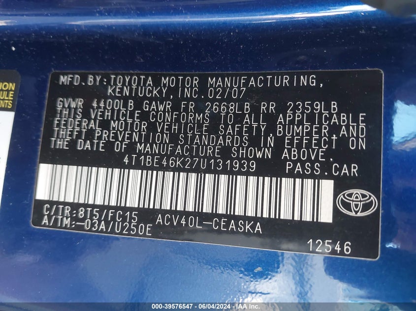 2007 Toyota Camry Se VIN: 4T1BE46K27U131939 Lot: 39576547