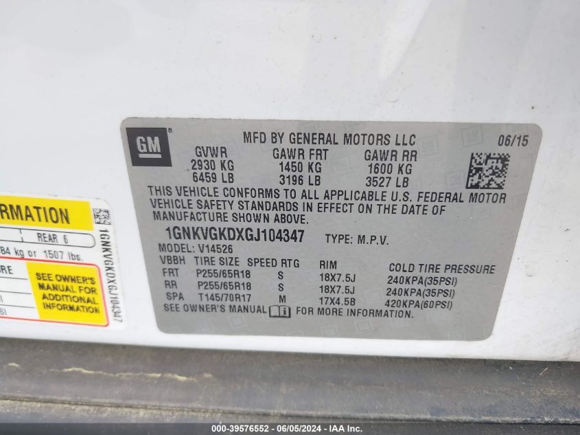 2016 Chevrolet Traverse 1Lt VIN: 1GNKVGKDXGJ104347 Lot: 39576552