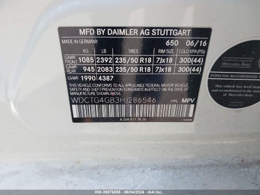 2017 MERCEDES-BENZ GLA 250 4MATIC - WDCTG4GB3HJ286546