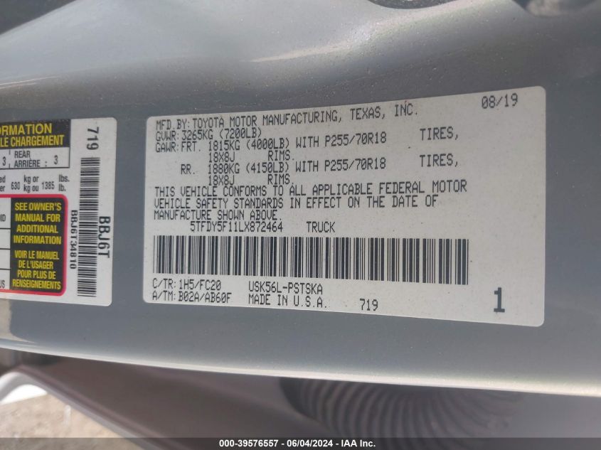 2020 Toyota Tundra Sr5 VIN: 5TFDY5F11LX872464 Lot: 39576557