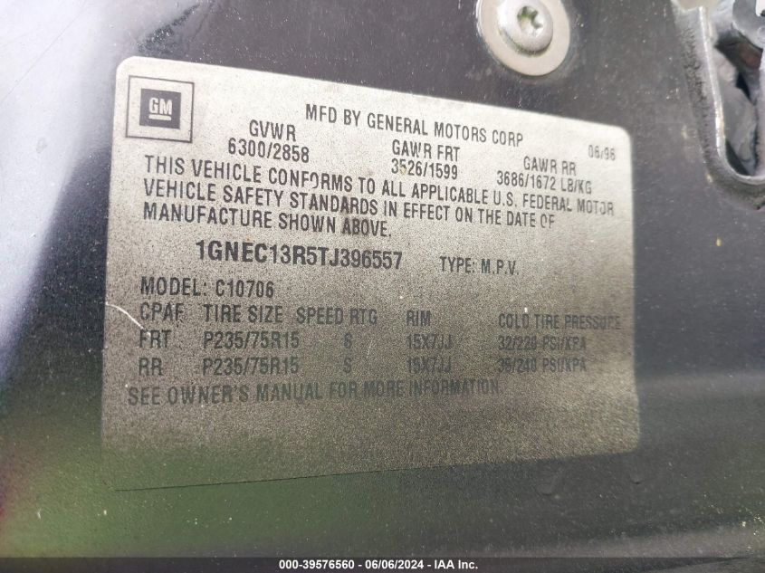 1996 Chevrolet Tahoe C1500 VIN: 1GNEC13R5TJ396557 Lot: 39576560