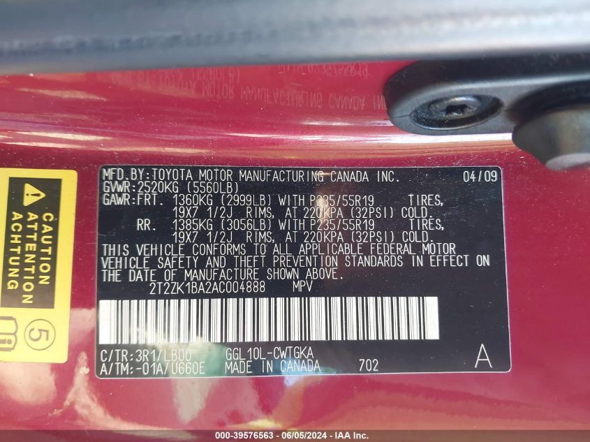 2010 Lexus Rx 350 VIN: 2T2ZK1BA2AC004888 Lot: 39576563