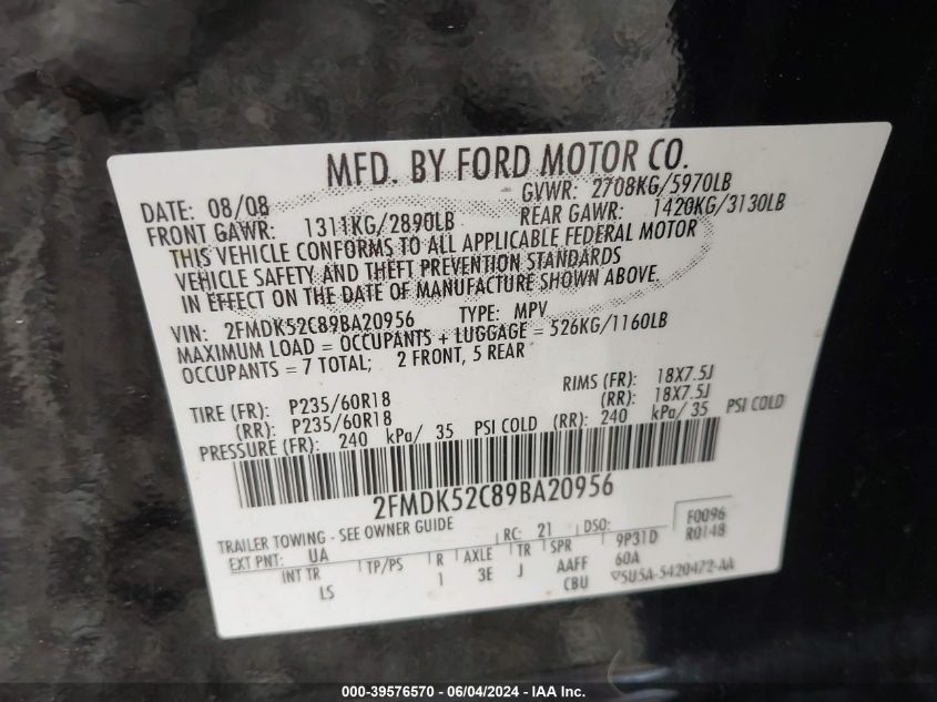 2009 Ford Flex Sel VIN: 2FMDK52C89BA20956 Lot: 39576570