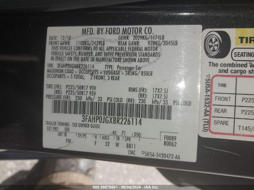 2011 Ford Fusion Sel VIN: 3FAHP0JGXBR226114 Lot: 39576581