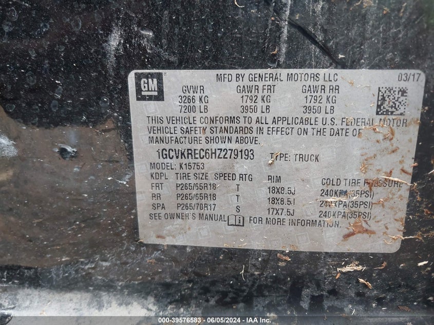 2017 Chevrolet Silverado 1500 1Lt VIN: 1GCVKREC6HZ279193 Lot: 39576583