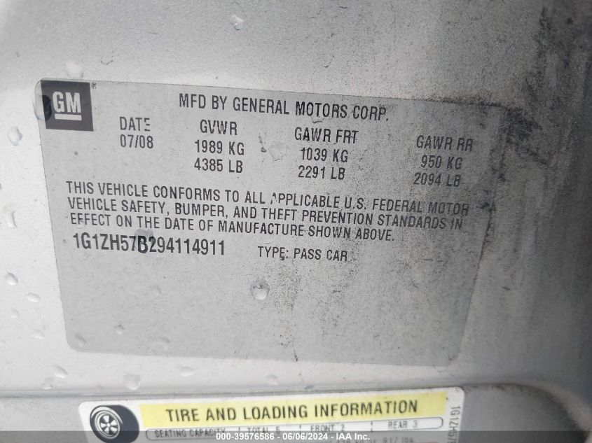 2009 Chevrolet Malibu Lt VIN: 1G1ZH57B294114911 Lot: 39576586