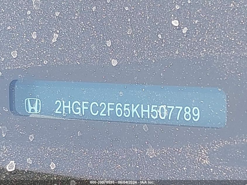 2019 Honda Civic Lx VIN: 2HGFC2F65KH507789 Lot: 39576593